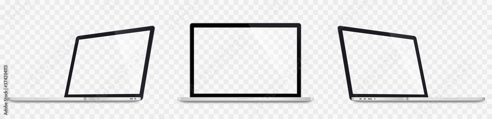 Realistic laptop set. 3D Laptops mockup. Blank screen isolated on transparent background - stock vector. - obrazy, fototapety, plakaty 