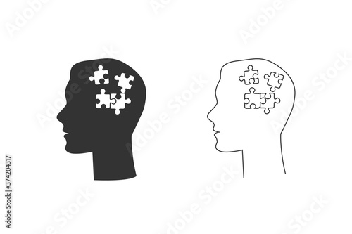 Human had flat line icon set with puzzle inside. Vector illustration