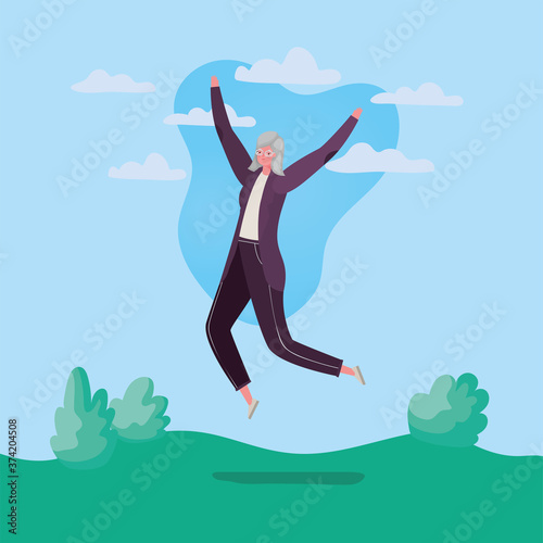 Senior woman cartoon jumping at park design, Outdoor activity theme Vector illustration