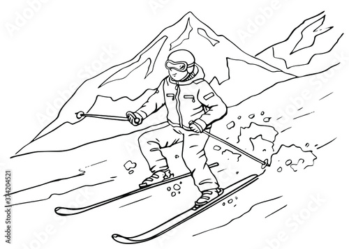 a skier descends from a mountain slope, winter, skiing, freehand contour drawing, coloring, illustration, isolated on a white background