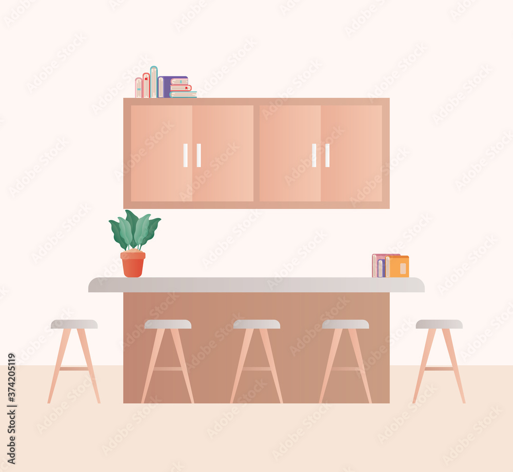 Fototapeta premium kitchen room with chairs plant and books design, Home decoration interior living building apartment and residential theme Vector illustration