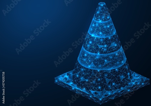 Traffic cone. Temporary markup. Carrying out repair work. Low-poly road sign design. Blue background.