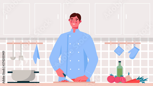 Culinary specialists during food preparation, chef cooking healthy meal, cutting vegetables, professional cooking. Kitchen interior with furniture and equipment. Flat cartoon vector illustration.