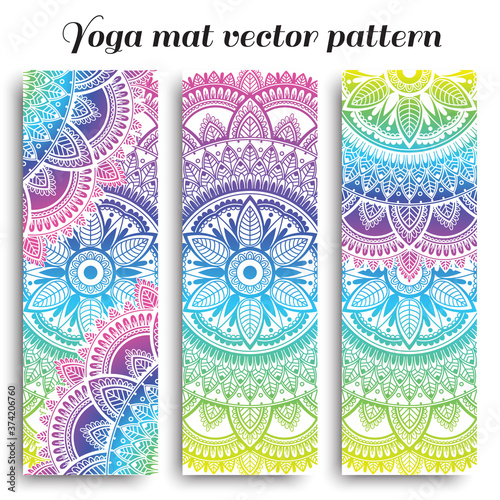 Set of ethnic designs for yoga mats. Rainbow gradient and white vector pattern with mandala.