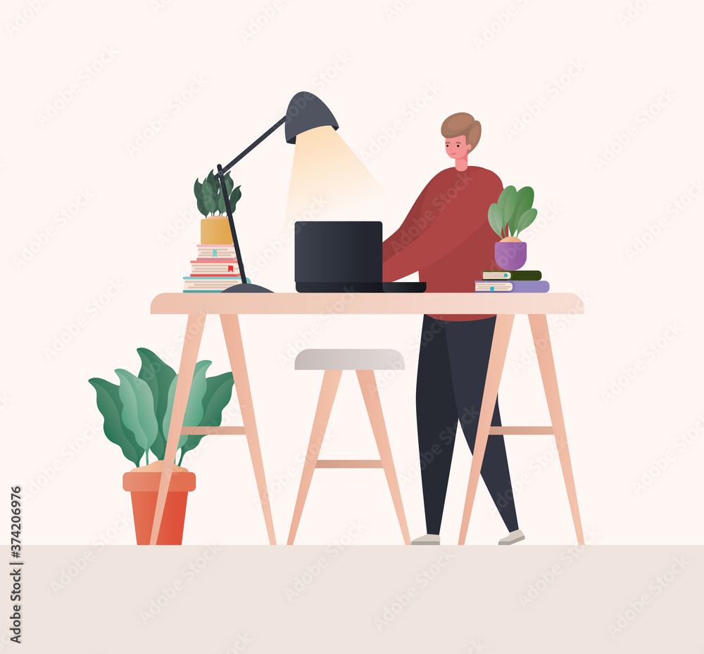 Man with laptop working on desk design of Work from home theme Vector illustration
