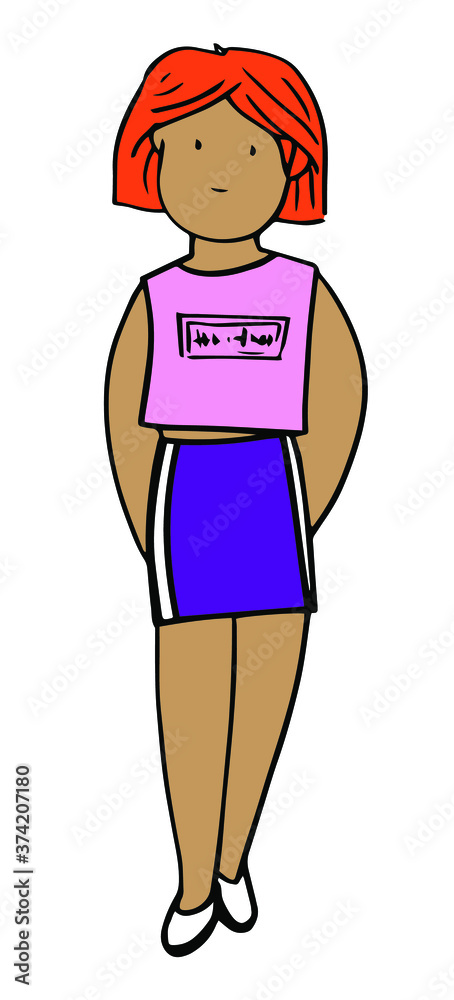 color image of a fashionable teenage girl wearing a short skirt, short hair, a hand-drawn outline drawing highlighted on a white background color image of a fashionable teenage girl wearing a short skirt, short hair, a hand-drawn outline drawing highlighted on a white background