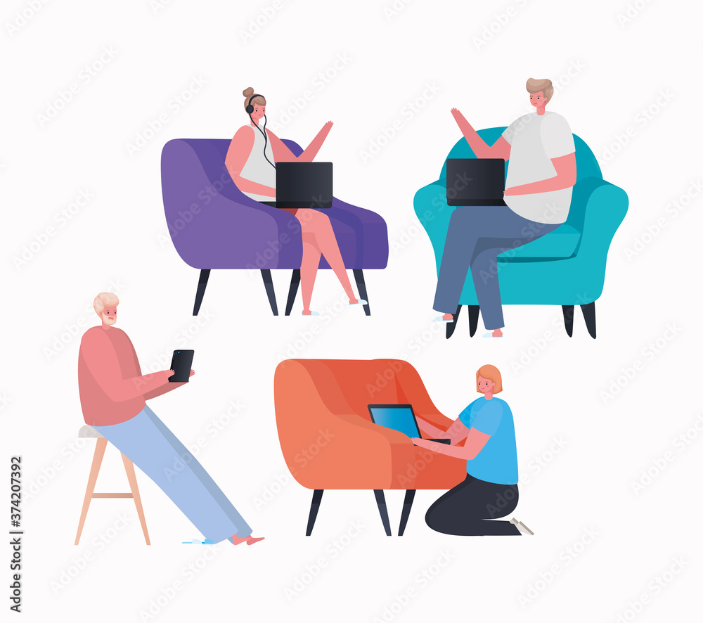 Fototapeta premium Set of women and men with laptop and tablet working on chair design of Work from home theme Vector illustration