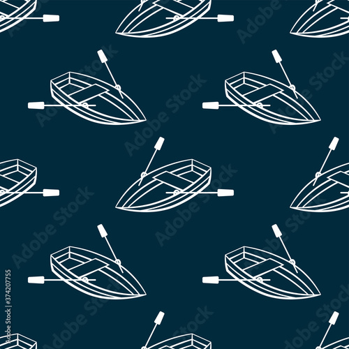 White boats with oars isolated on a blue background. Cute simple seamless pattern. Vector flat linear graphic hand drawn illustration. Texture.