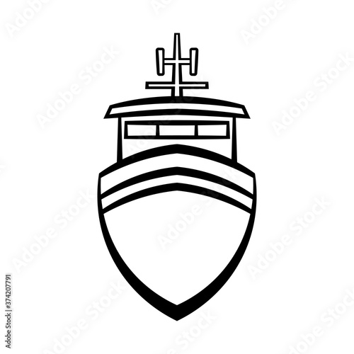 Ship icon. Front view. Black contour silhouette. Vector flat graphic linear hand drawn illustration. The isolated object on a white background. Isolate.