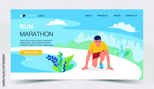 Running landing page template. Running Man, runner sprinter guy on marathon, front view. Illustration for marathon, city run, training, cardio exercising. Vector illustration in flat style.