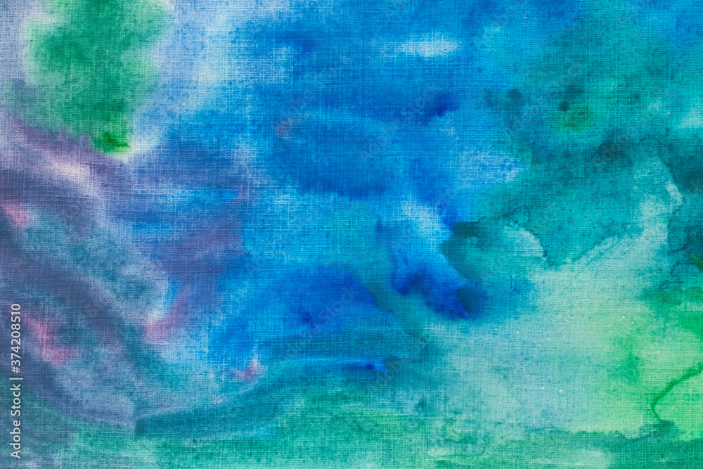 Blue, green and purple watercolor painting with blobs of colors on canvas or paper. Image has blank copy space with room for text. Great for backgrounds, backdrops, banners, posters and textiles.