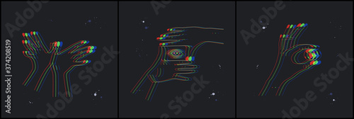 Bird shaped hands. All seeing eye. Hand holding planet Earth. Stereoscopic vector hand gesture. Conceptual background with 3D stereo effect. Glitch illustration set with body language for design