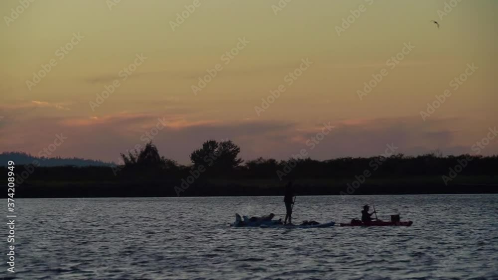 Silhouette of three rowers returning from Jetty Island in Port Gardner Everett WA at sunset Silhouette of three rowers returning from Jetty Island in Port Gardner Everett WA at sunset