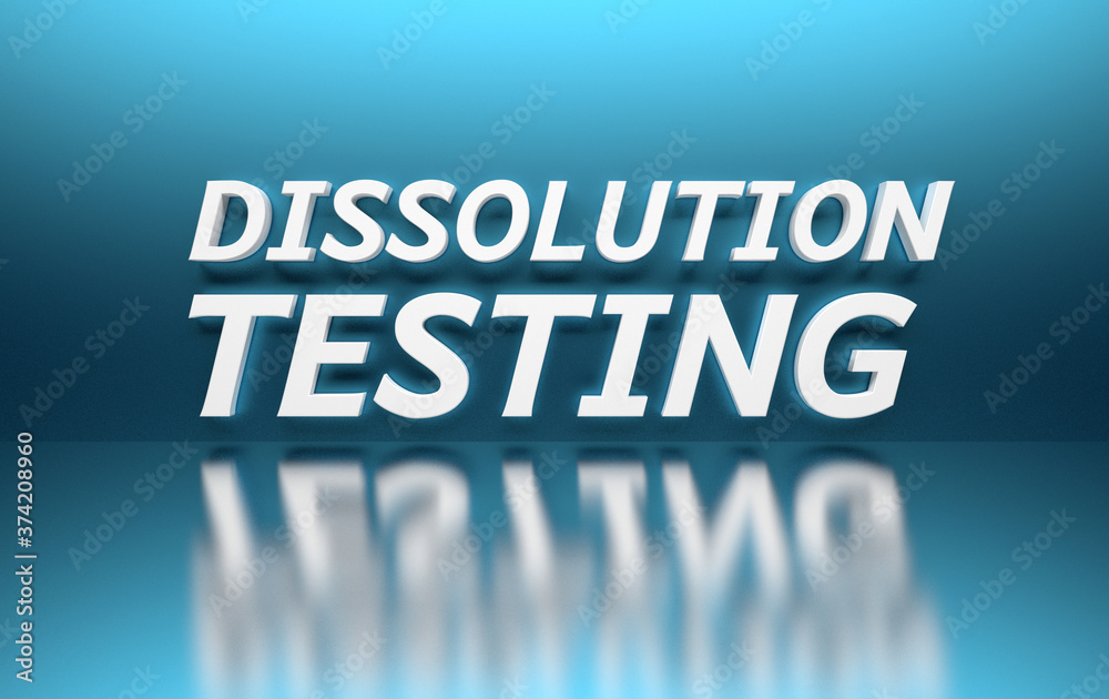 Large bold scientific term, name of a method to test drug solubility - dissolution testing in bold white letters on blue background Large bold scientific term, name of a method to test drug solubility - dissolution testing in bold white letters on blue background