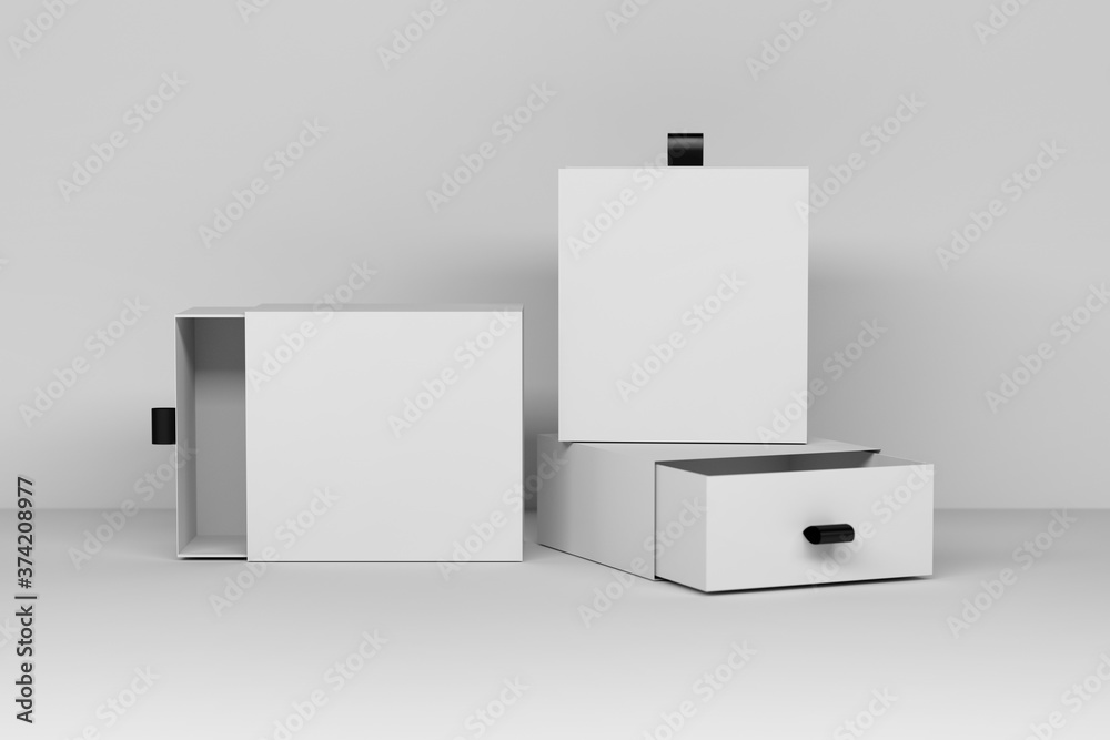 Mockup template with three square white gift boxes opened and closed on white background Mockup template with three square white gift boxes opened and closed on white background