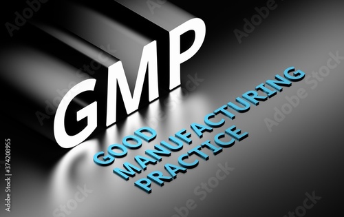 Large bold word GMP - good manufacturing practice written in glowing white blue letters on black background