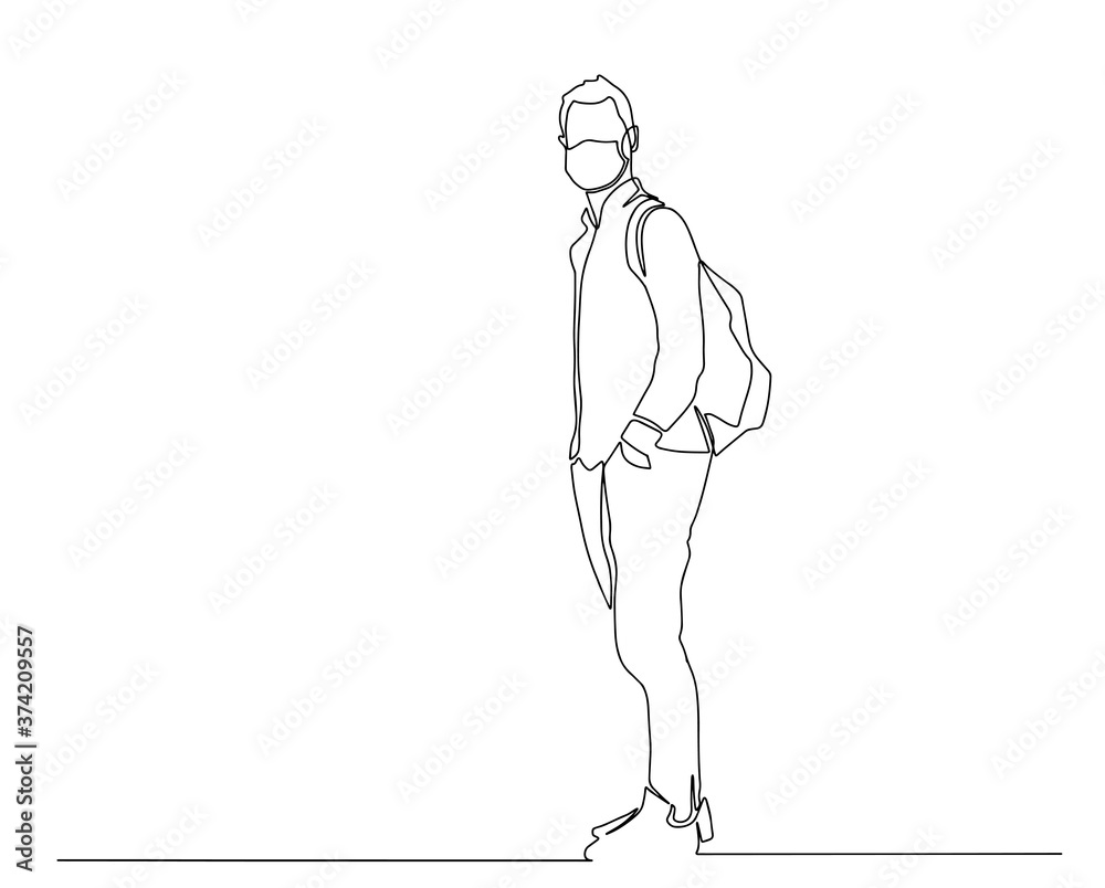 Single line drawing of young man wearing mask. Hygienic mask to prevent infection, airborne respiratory illness such as flu, corona virus. Protection against contagious disease. Vector illustration. Single line drawing of young man wearing mask. Hygienic mask to prevent infection, airborne respiratory illness such as flu, corona virus. Protection against contagious disease. Vector illustration.
