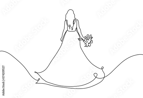 Bride with a bouquet drawing in one continuous line. One line of a bride wearing a wedding dress. Marriage Concept . Beautiful woman in a long beautiful dress. Vector illustrator