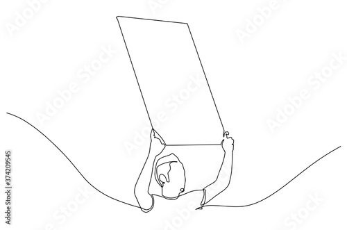One continuous line drawing of a protester. A standing man in demonstration holding a blank paper roll to aspirate his voice. Activists protest with blank signboard character. Vector illustration
