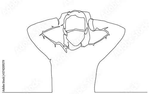 Sick woman in mask is suffering from headache, migraine, fever. Person holds his head, forehead with hand. Hand drawn vector illustration. woman having a fever. Woman with protective mask