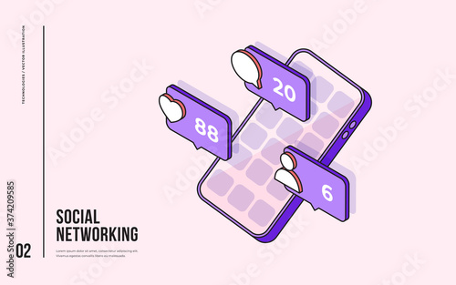 Social Media theme. Сommunication in social networks. Image of mobile phone with message icons, likes and subscribers. 3D isometric design. Vector illustration for web page, banner, presentation.