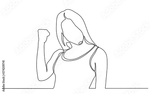 Continuous line drawing of cheering man holding fists. Happy young man celebrating success one line drawing. Vector illustration