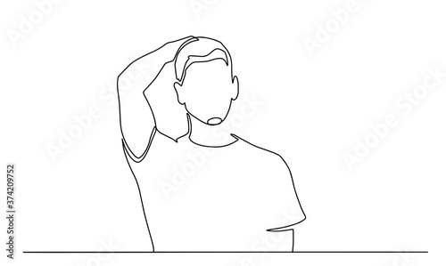 Businessman is suffering from headache, migraine, fever. Person holds his head, forehead with hand. Hand drawn vector illustration. Man in a shirt with a hand behind his head
