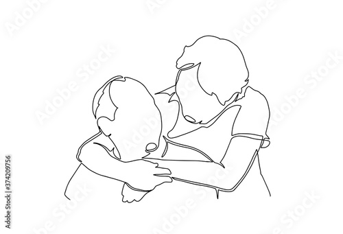 Elderly couple in continuous line art drawing style. Romantic elderly couple. Old grandfather and grandmother. Continuous one line drawing. Happy grandparents isolated on white background