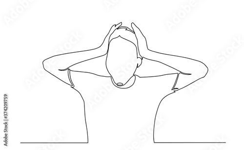 Sick woman is suffering from headache, migraine, fever. Person holds his head, forehead with hand. Hand drawn vector illustration. woman having a fever