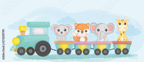 Cute zoo animals standing on a train