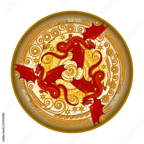 Round dish ornate with Three red dancing dragons. Folk ethnic sign. Print for logo, icon, fabric, embroidery, holiday decoration. Happy Chinese New Year. Geometric circle triple spiral.