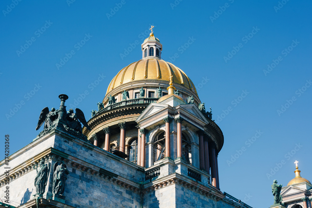 Golden dome of Saint Isaac's Cathedral in Saint Petersburg, city landmark