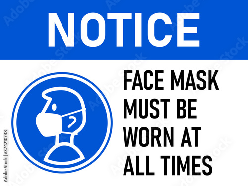 Notice Face Mask Must Be Worn at All Times Horizontal Warning Poster Sign against the Spread of Coronavirus with an Aspect Ratio of 3:4. Vector Image.