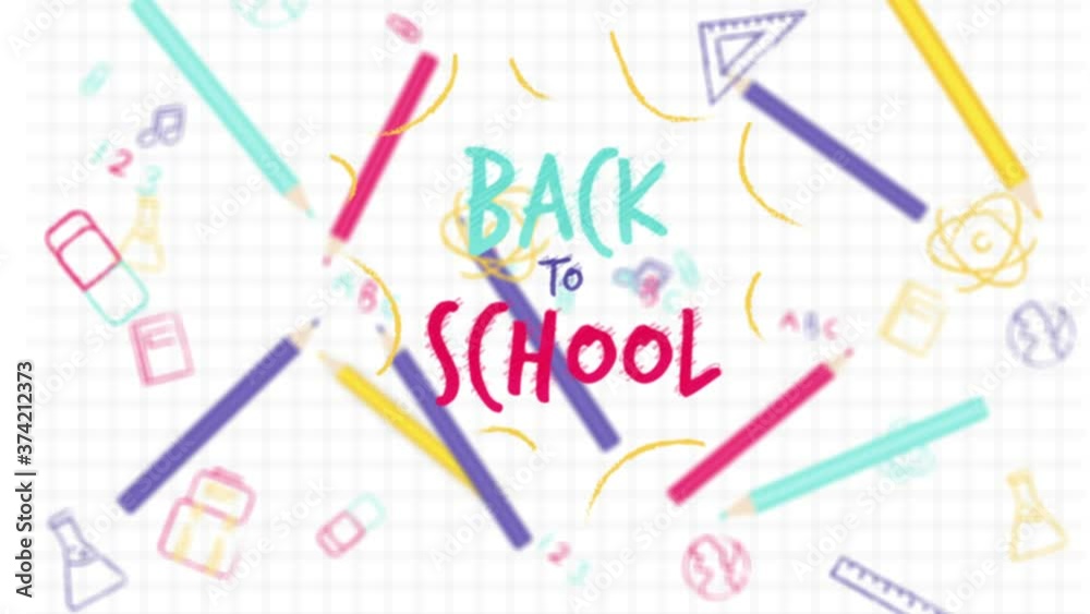 Animation of Back to School with multiple school items moving on white lined paper. Education back to school and schooling concept digitally generated image. Animation of Back to School with multiple school items moving on white lined paper. Education back to school and schooling concept digitally generated image.