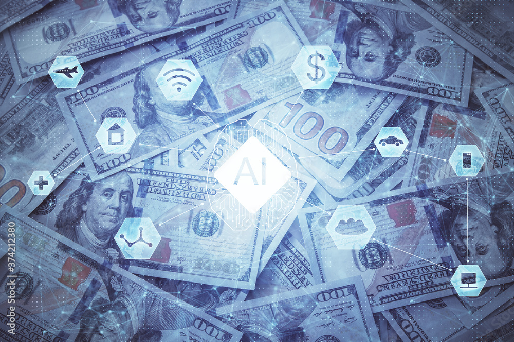 Double exposure of data theme drawing over us dollars bill background. Technology concept. Double exposure of data theme drawing over us dollars bill background. Technology concept.