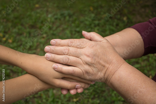 Hands of grandmother hold the hand of small child against a background of green grass. The concept of love and friendship  between generations. International Day of Older Persons and Grandparents Day © DiandraNina