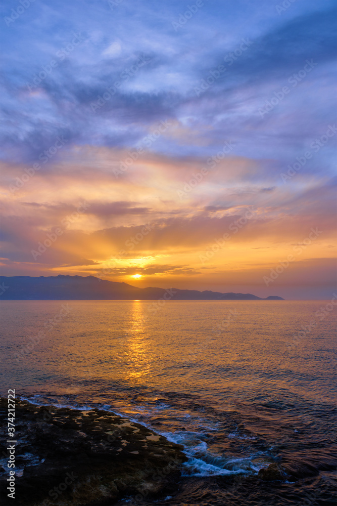 Fototapeta premium Sea sunset with dramatic sky seascape. Crete island, Greece