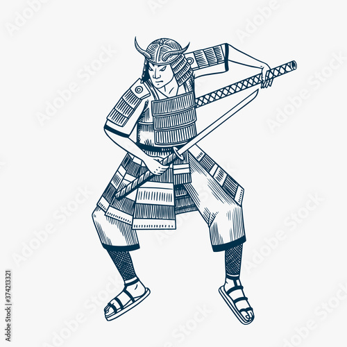 Japanese samurai warriors with weapons sketch. Men in a fight pose in armor. Hand drawn vintage sketches. Vector illustration in monochrome style.