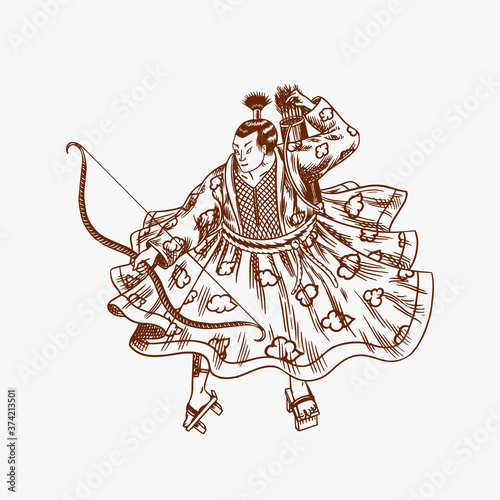 Japanese samurai warriors with weapons sketch. Men in a fight pose. Hand drawn vintage sketches. Vector illustration in monochrome style.