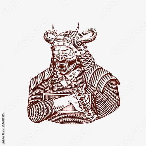 Japanese samurai warriors with weapons sketch. Men in a fight pose in armor. Hand drawn vintage sketches. Vector illustration in monochrome style.