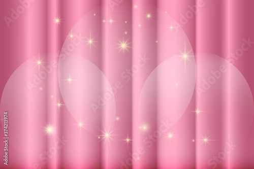 Pink background, stage with pink curtain, spotlight and stars.