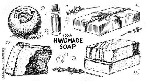 Bubble Bath soap set. Washing hands in vintage style. Homemade packaging. Foam production process. Organic cosmetic, natural lather. Drawn a monochrome engraved sketch for spa label or banner.