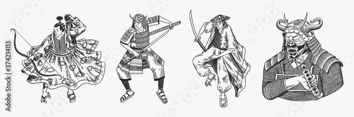 Japanese samurai set. Warriors with weapons sketch. Men in a fight pose. Hand drawn vintage sketches. Vector illustration in monochrome style.