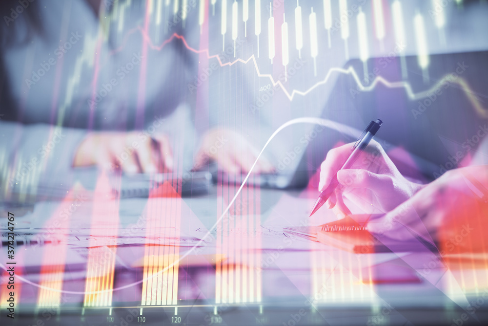 Multi exposure of woman hands typing on computer and financial chart hologram drawing. Stock market analysis concept. Multi exposure of woman hands typing on computer and financial chart hologram drawing. Stock market analysis concept.