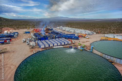 Vaca Muerta, Argentina, November 23, 2015: Extraction of unconventional oil. Water tanks for hydraulic fracturing.