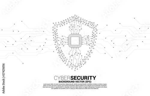 Protection shield icon with CPU from circuit board style dot connect line. concept of guard security and safety
