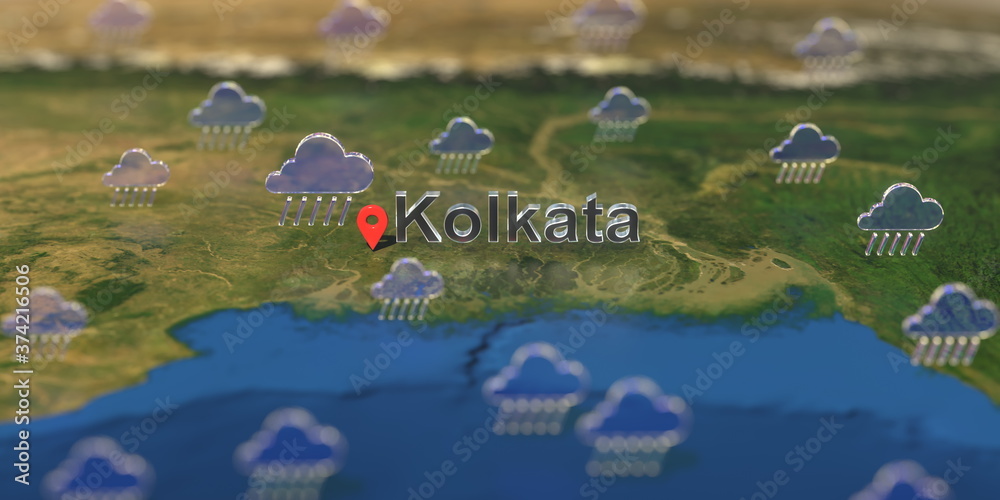 Kolkata city and rainy weather icon on the map, weather forecast related 3D rendering Kolkata city and rainy weather icon on the map, weather forecast related 3D rendering