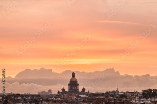 Sunset citycape of Saint Petersburg with dome of Saint Isaac's cathedral