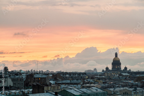 Sunset citycape of Saint Petersburg with dome of Saint Isaac's cathedral