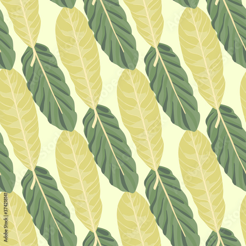 Leaf yellow and green figures seamless doodle pattern. Brown and grey contoured Stylized botanic print on light background.